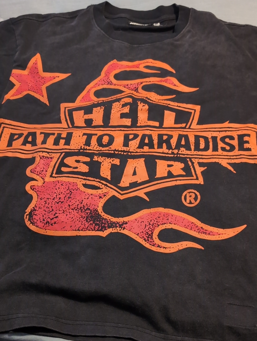 Hellstar Black Graphic Short Sleeve Tee with Orange Flaming Star Print- S